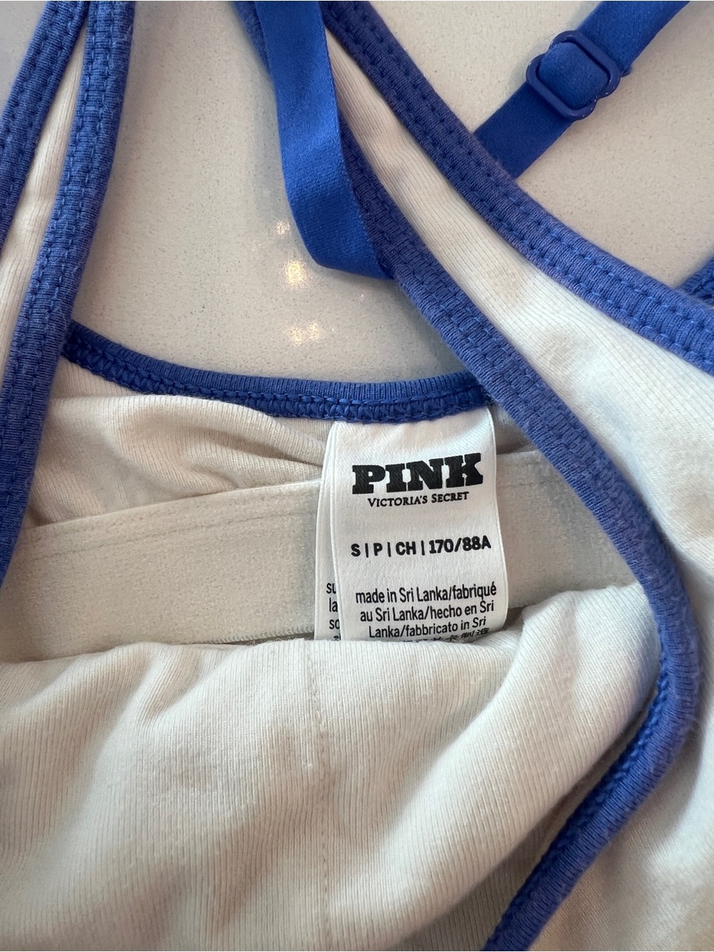 PINK Victoria's Secret White Tank & Shorts Set with Blue Trim and Red Logo - Picture 3 of 6